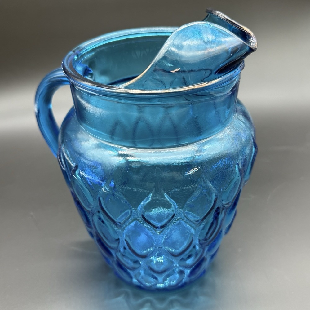 Vintage Anchor Hocking Madrid Laser Blue Depression Glass Iced Tea Water Pitcher